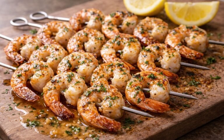 Grilled garlic shrimp skewers with herb butter on white serving platter