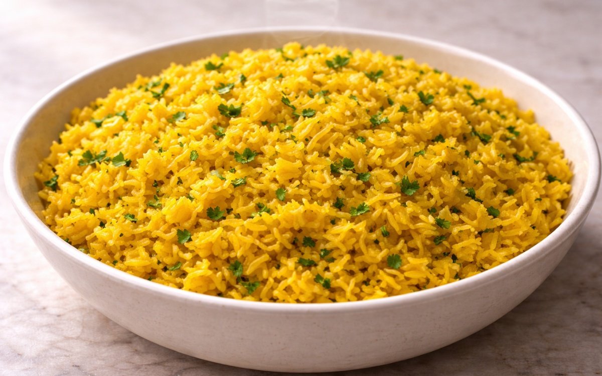 Bowl of bright golden yellow turmeric rice garnished with fresh parsley