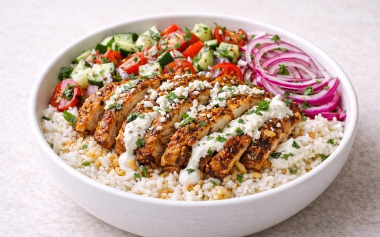 Greek chicken gyro rice bowl topped with tzatziki, cucumber-tomato salad, crumbled feta, and fresh herbs