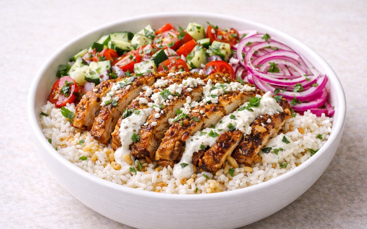 Greek chicken gyro rice bowl topped with tzatziki, cucumber-tomato salad, crumbled feta, and fresh herbs