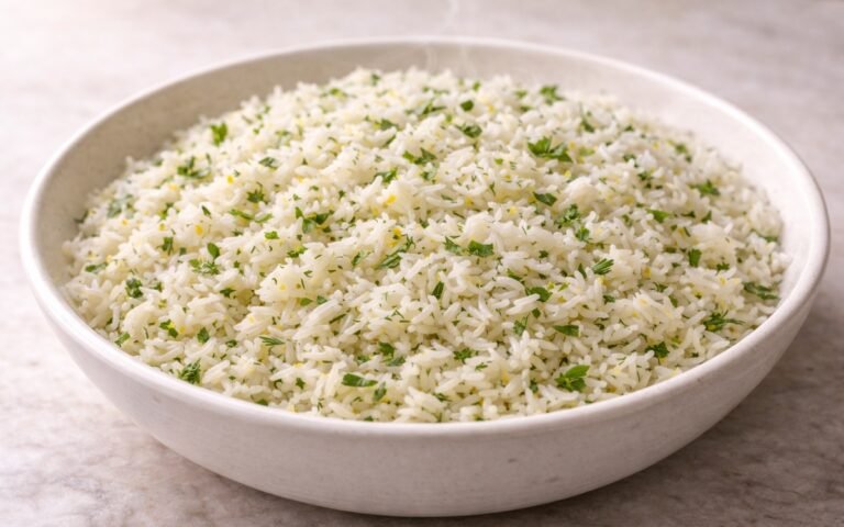 White platter of fluffy Greek lemon rice garnished with fresh dill and lemon slices