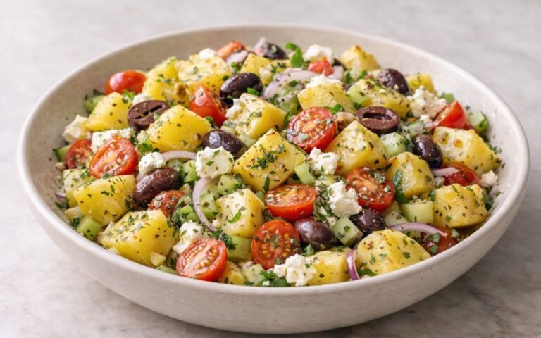Greek potato salad with feta cheese, olives, cherry tomatoes and dill in serving bowl