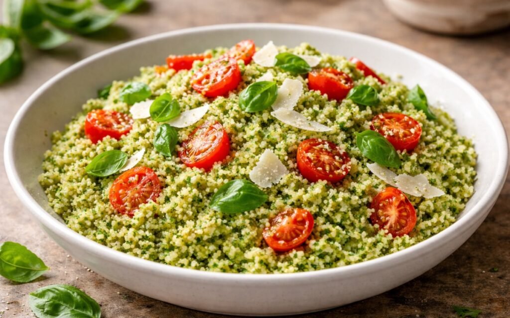 Bowl of bright green pesto-coated couscous garnished with cherry tomatoes and fresh basil leaves