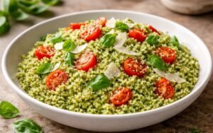 Bowl of bright green pesto-coated couscous garnished with cherry tomatoes and fresh basil leaves