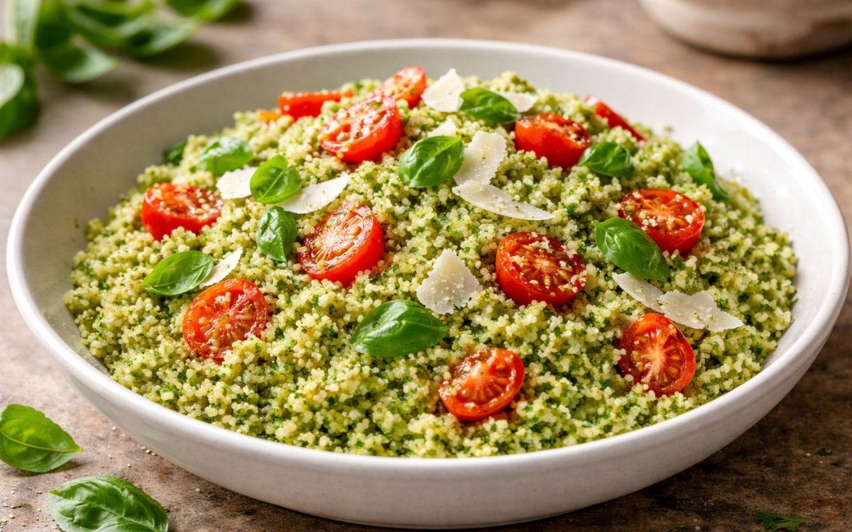 Bowl of bright green pesto-coated couscous garnished with cherry tomatoes and fresh basil leaves