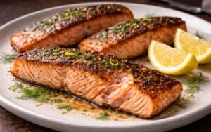 Grilled salmon fillet with crispy golden skin, fresh dill, and lemon wedges