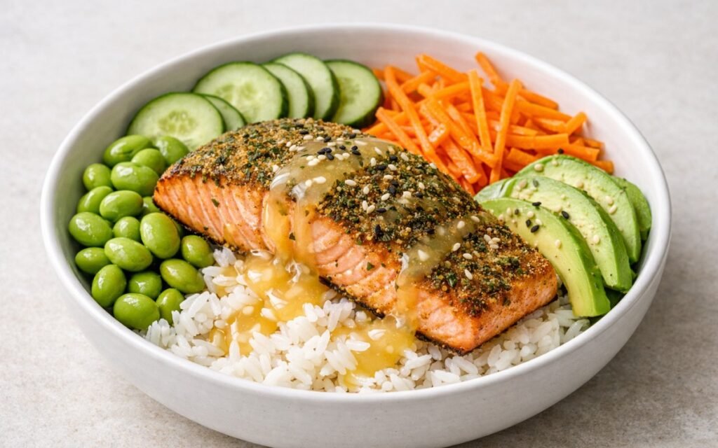 Herb-crusted salmon fillet on jasmine rice bowl with edamame, cucumber, carrots, and avocado drizzled with lemon-miso dressing