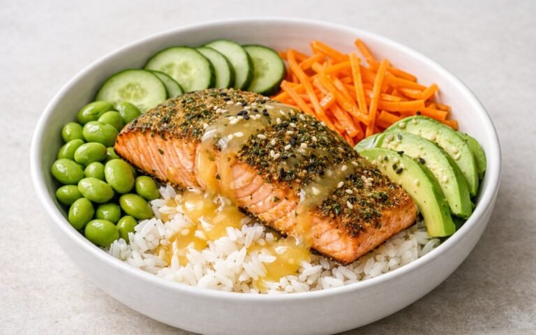 Herb-crusted salmon fillet on jasmine rice bowl with edamame, cucumber, carrots, and avocado drizzled with lemon-miso dressing