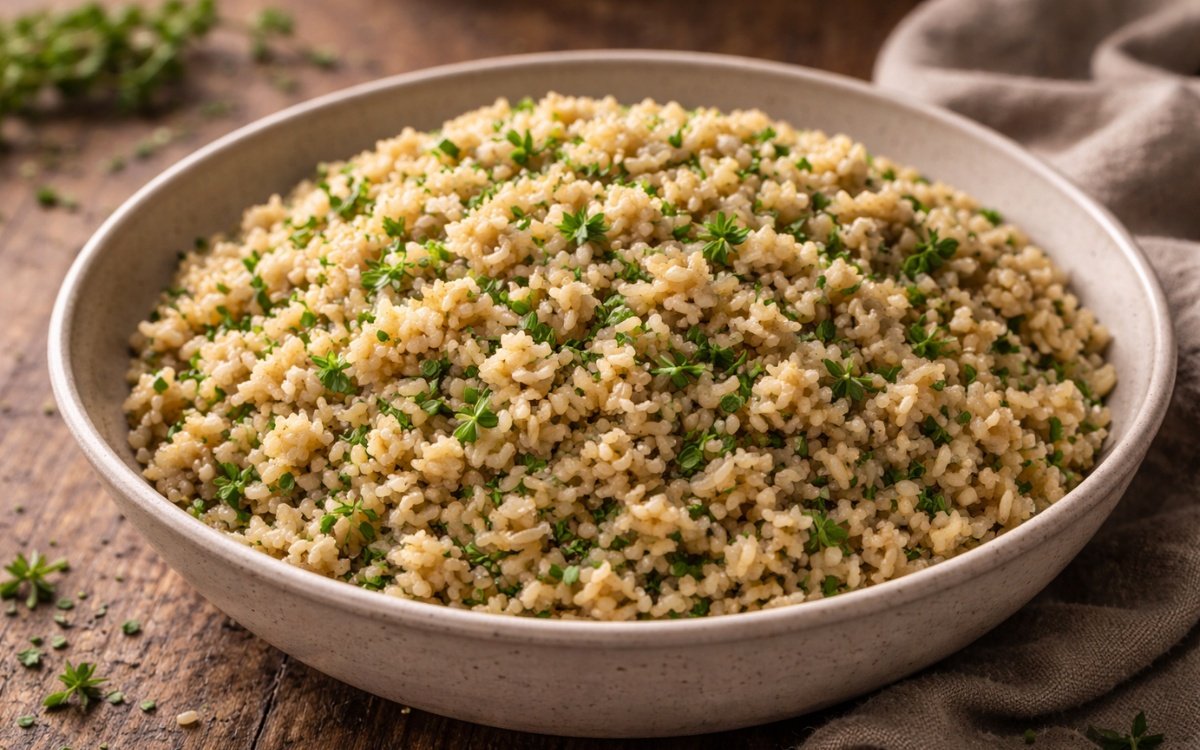 Bowl of fluffy herbed brown rice with visible green herbs throughout, served in a rustic ceramic bowl