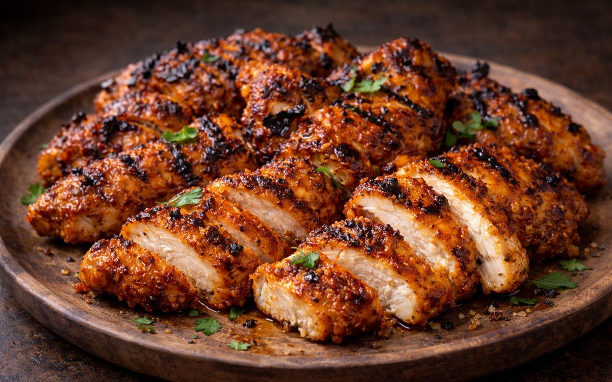 Sliced grilled chicken shawarma with charred edges and Middle Eastern spices on white plate