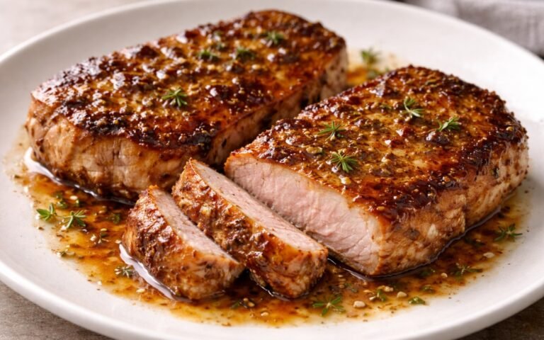 Golden seared pork chops glazed with sticky honey mustard sauce on white plate