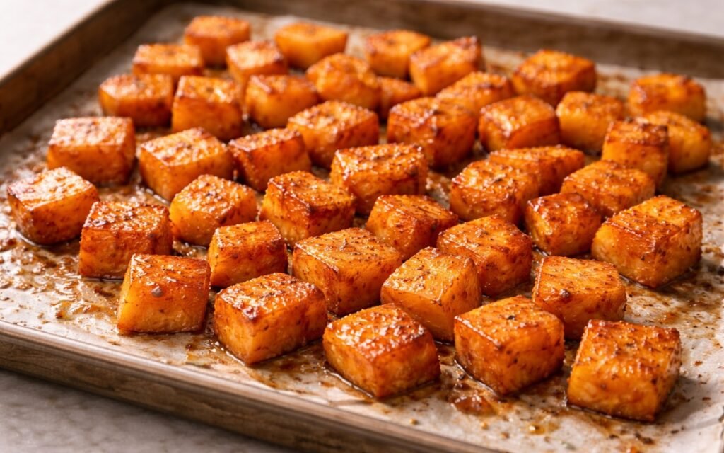 Golden honey-glazed roasted sweet potato cubes on a white platter