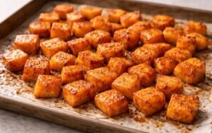 Golden honey-glazed roasted sweet potato cubes on a white platter
