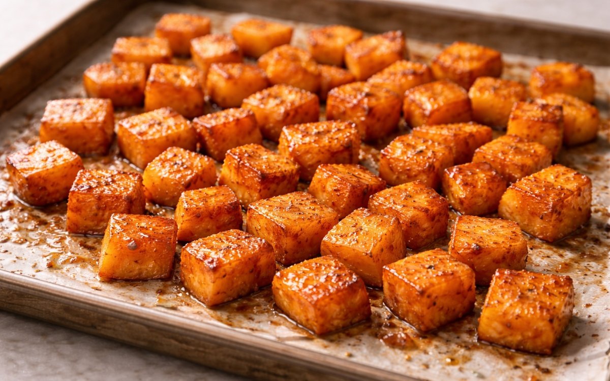 Golden honey-glazed roasted sweet potato cubes on a white platter