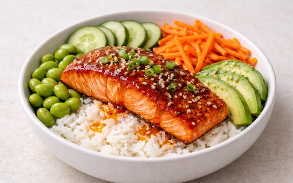 Hot honey glazed salmon fillet on jasmine rice with sliced avocado, cucumber, edamame, and pickled carrots in a white bowl