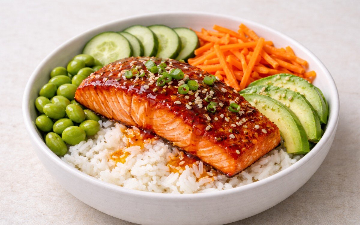 Hot honey glazed salmon fillet on jasmine rice with sliced avocado, cucumber, edamame, and pickled carrots in a white bowl