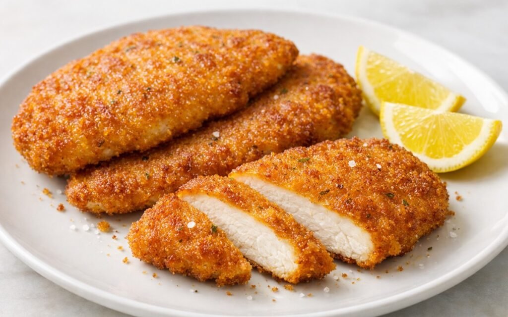 Golden fried chicken cutlets with crispy Parmesan breadcrumb coating served with lemon wedges