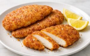 Golden fried chicken cutlets with crispy Parmesan breadcrumb coating served with lemon wedges