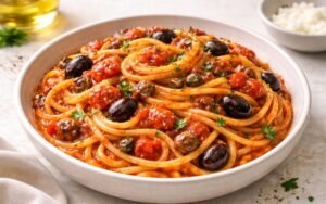 Close-up of Italian puttanesca pasta with olives, capers, and cherry tomatoes in rich tomato sauce, garnished with fresh parsley