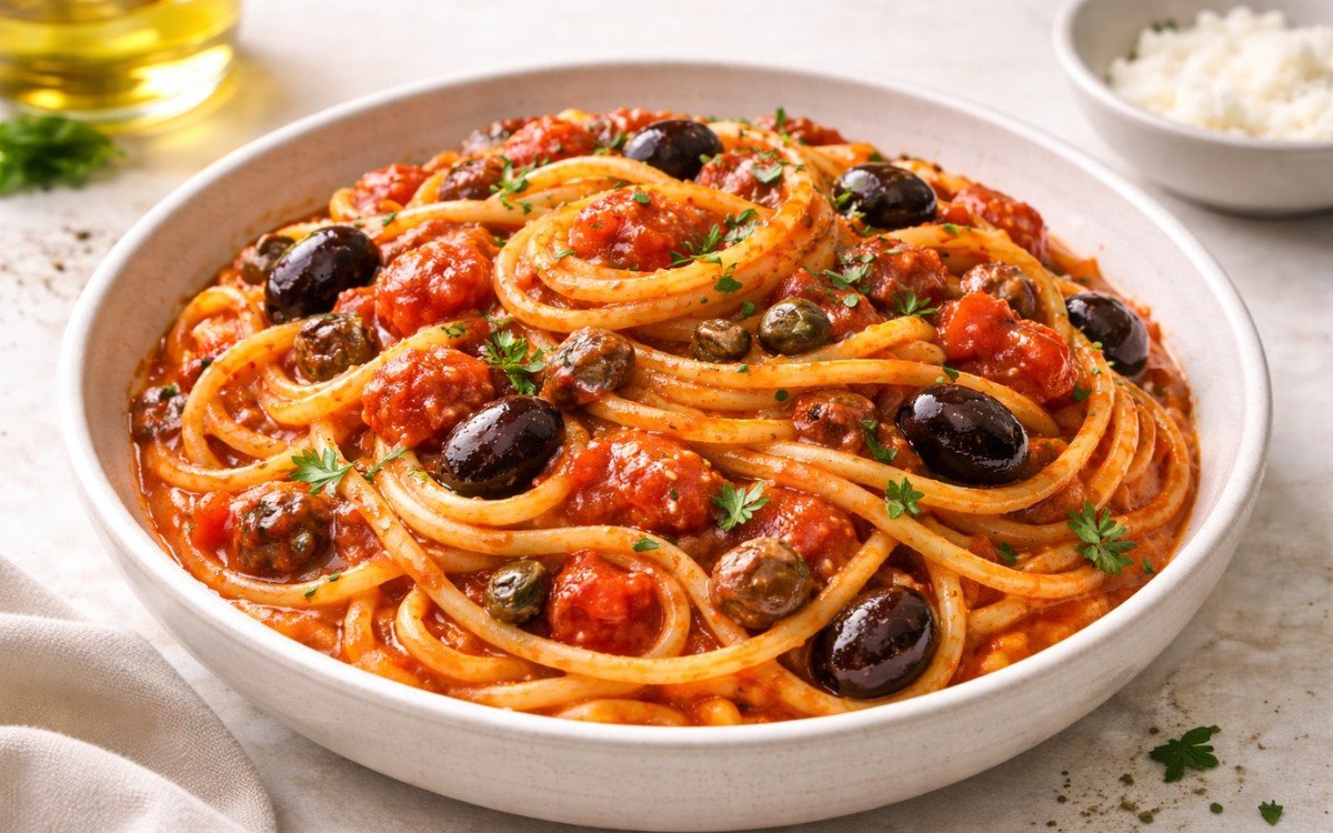 Close-up of Italian puttanesca pasta with olives, capers, and cherry tomatoes in rich tomato sauce, garnished with fresh parsley