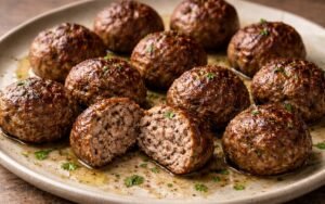 Golden brown juicy beef meatballs with fresh herbs on white plate