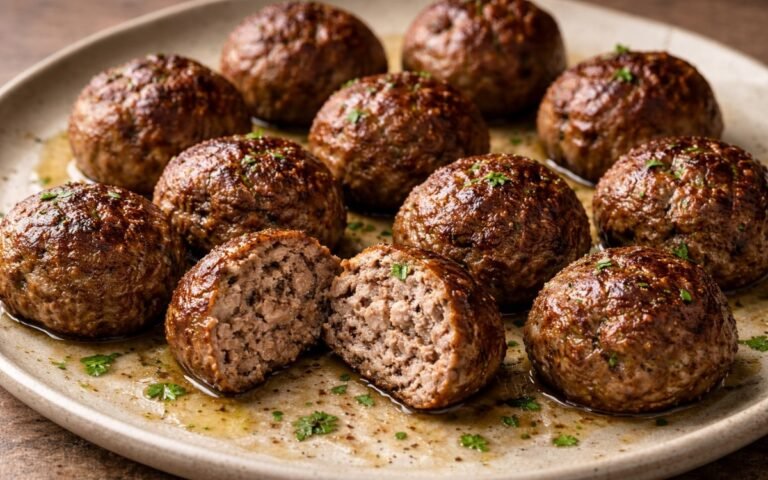 Golden brown juicy beef meatballs with fresh herbs on white plate