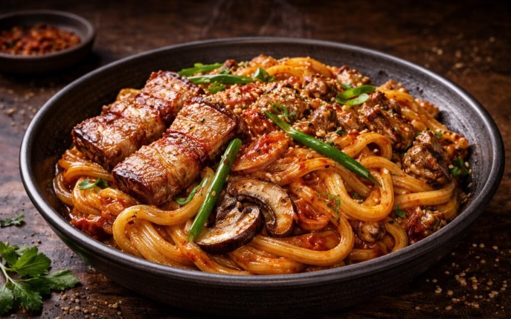 Kimchi udon stir-fry in dark bowl with chopsticks showing glossy noodles, pork belly, red kimchi, and sesame seeds