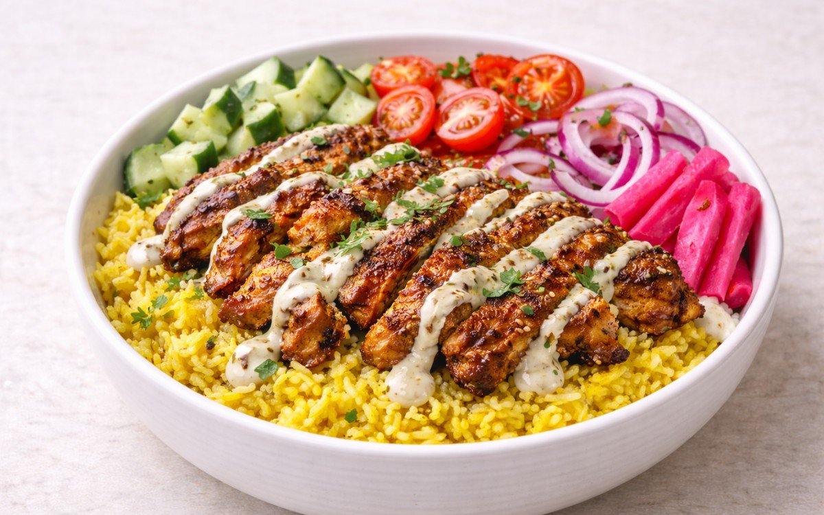 Lebanese chicken shawarma rice bowl with turmeric rice, marinated spiced chicken, tahini sauce, fresh vegetables, and herbs in a white bowl