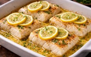 Baked cod fillet with lemon slices in garlic butter sauce garnished with fresh parsley