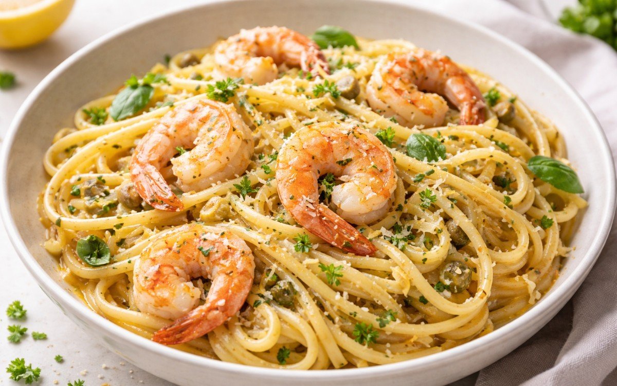 Lemon garlic shrimp pasta with linguine noodles in creamy butter sauce, topped with pink shrimp, fresh parsley, and Parmesan cheese in a white ceramic bowl