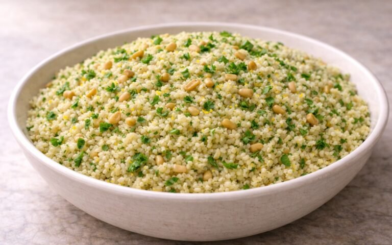 White bowl of fluffy couscous with visible green herbs and lemon zest throughout