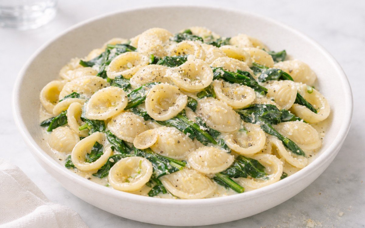 Lemon ricotta spinach orecchiette with Parmesan and black pepper in a white bowl