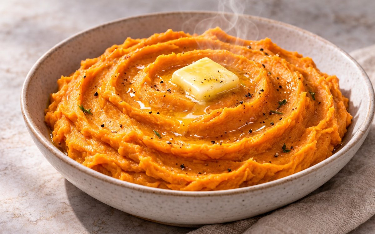 Creamy mashed sweet potatoes in a white bowl with butter melting on top