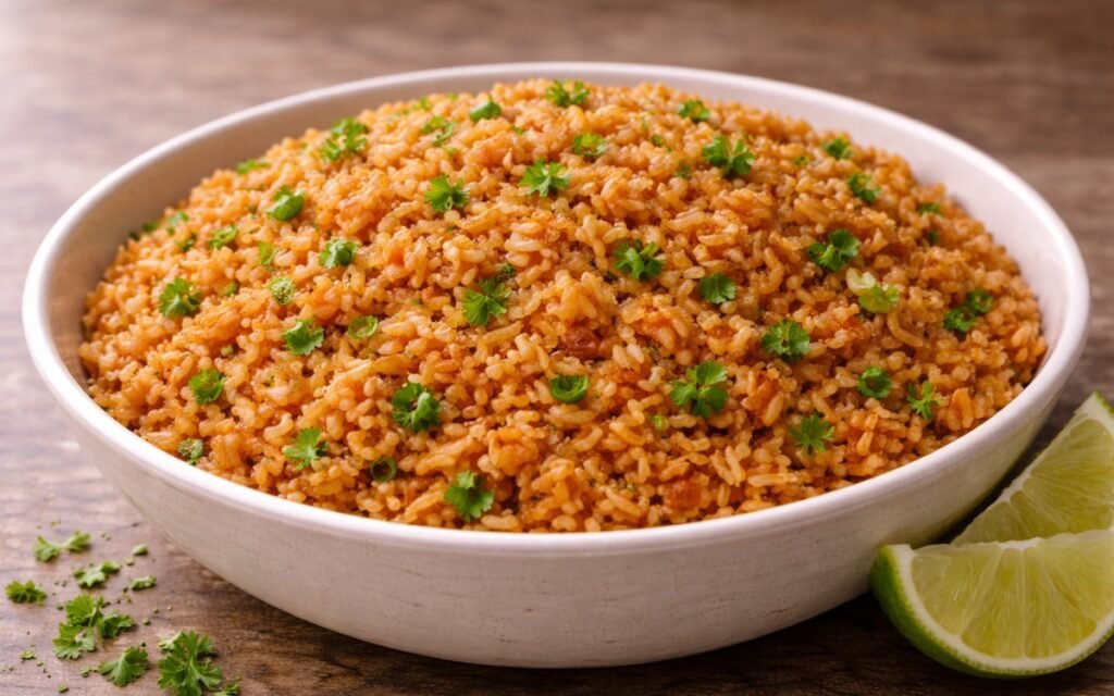 Orange-red Mexican rice in a skillet garnished with fresh cilantro and lime wedges on the side