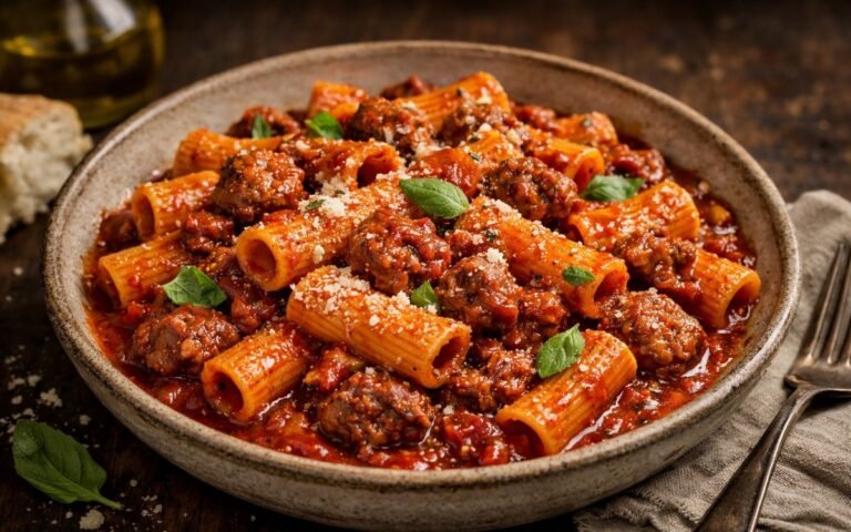 Close-up overhead view of one-pan sausage tomato pasta with rigatoni coated in creamy tomato sauce, chunks of browned Italian sausage, and fresh basil leaves in a large skillet