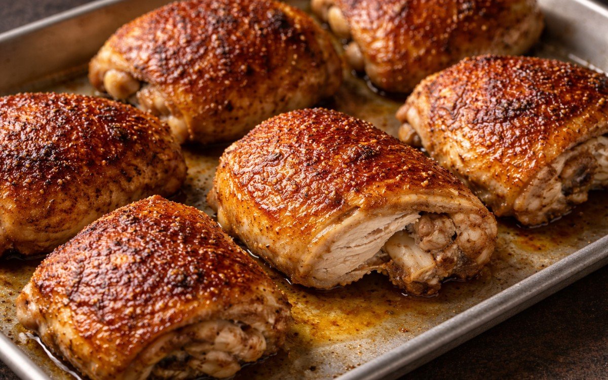 Golden crispy oven-baked chicken thighs with seasoned skin on white plate