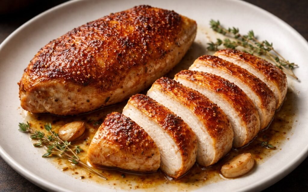 Golden pan-seared chicken breast with crispy skin in cast iron skillet with butter and herbs