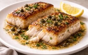 Golden pan-seared cod fillet with garlic butter sauce, capers, and fresh parsley