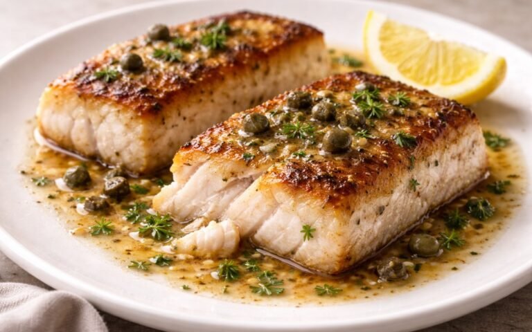 Golden pan-seared cod fillet with garlic butter sauce, capers, and fresh parsley