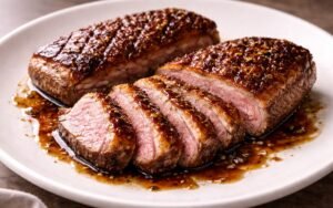 Sliced pan-seared duck breast with crispy golden skin and pink center drizzled with balsamic glaze
