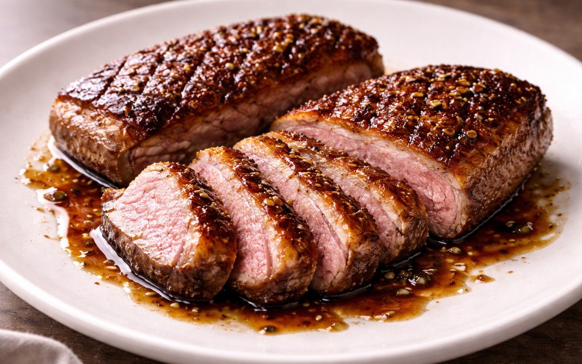 Sliced pan-seared duck breast with crispy golden skin and pink center drizzled with balsamic glaze