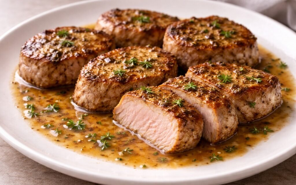 Golden seared pork tenderloin medallions on white plate with creamy Dijon pan sauce
