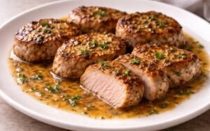 Golden seared pork tenderloin medallions on white plate with creamy Dijon pan sauce