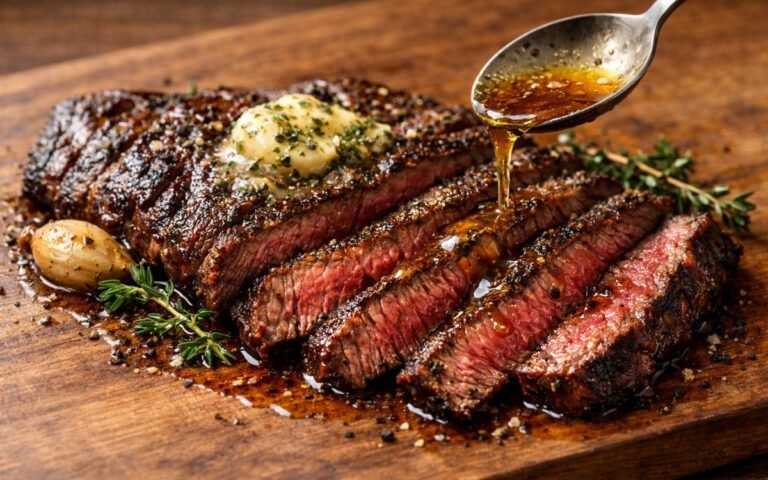 Sliced pan-seared skirt steak with herb butter on white cutting board