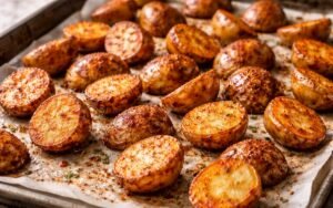 Golden roasted baby potatoes with paprika seasoning on a white serving dish
