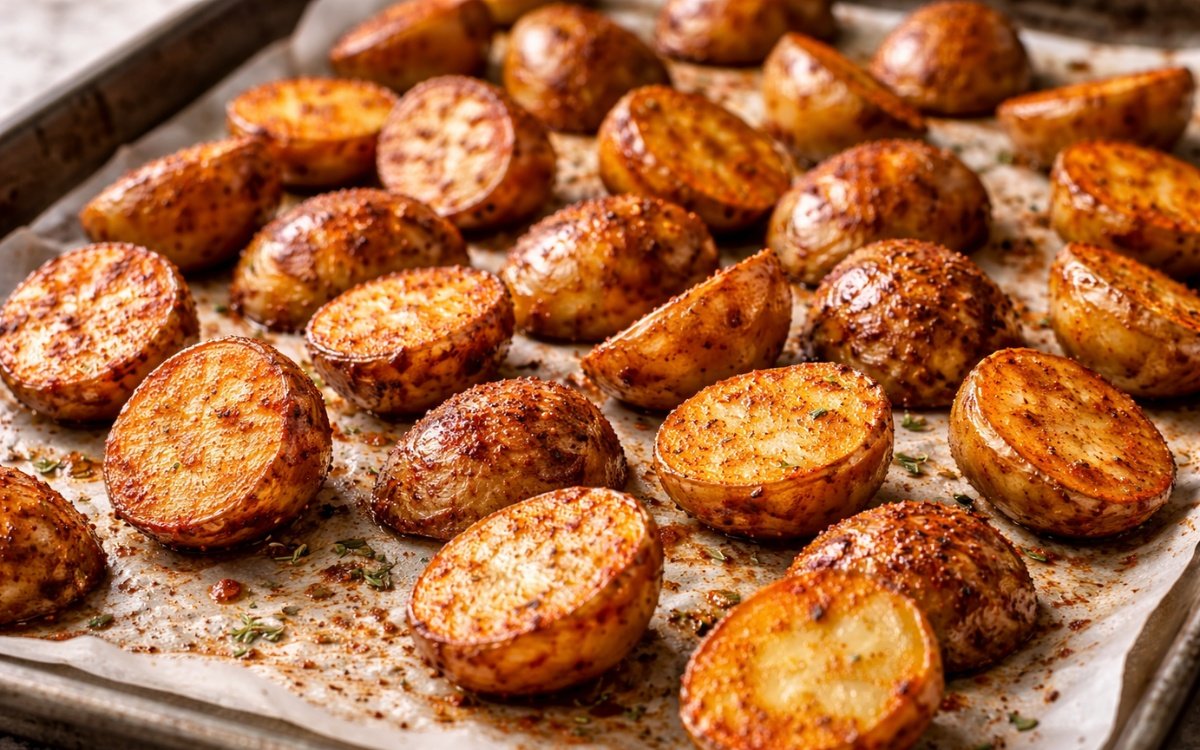 Golden roasted baby potatoes with paprika seasoning on a white serving dish