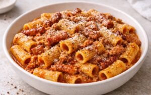 Creamy pasta alla zozzona with rigatoni tubes coated in rich tomato carbonara sauce with crispy guanciale and Italian sausage, garnished with Pecorino Romano cheese