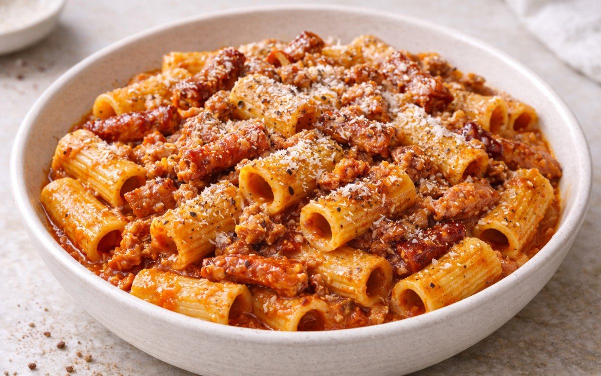 Creamy pasta alla zozzona with rigatoni tubes coated in rich tomato carbonara sauce with crispy guanciale and Italian sausage, garnished with Pecorino Romano cheese