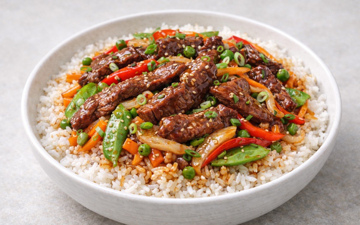 Peking beef stir-fry bowl with glazed flank steak, colorful vegetables, jasmine rice, and sesame seeds