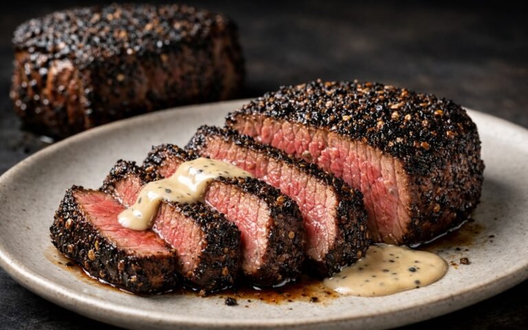 Sliced peppercorn crusted steak with black crust on white plate with cream sauce